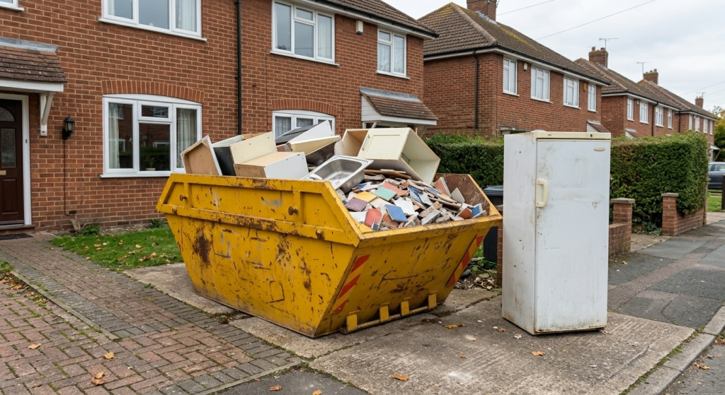 Skip Hire vs Man and Van: Which Is Better? Yellow skip with an old fridge kept separately beside it